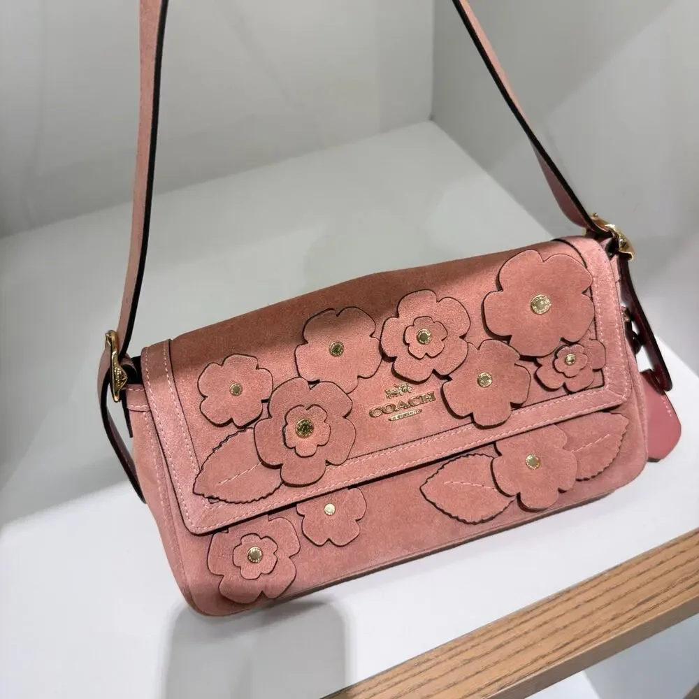 NEW‼️Coach Etta Small Flap Shoulder Bag With Floral Applique CEU02 Blush Pink